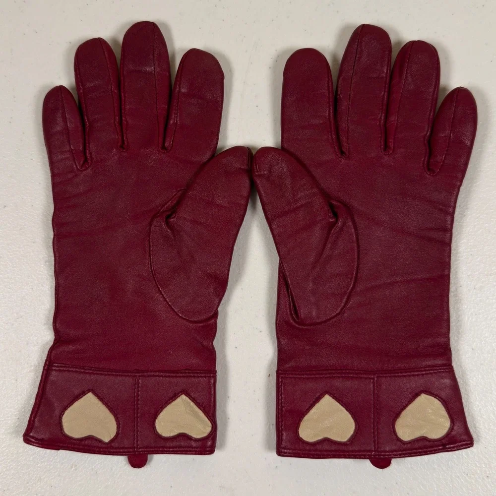 Carole Little Burgundy Leather Gloves Women Large Heart Applique Knit Lined Red